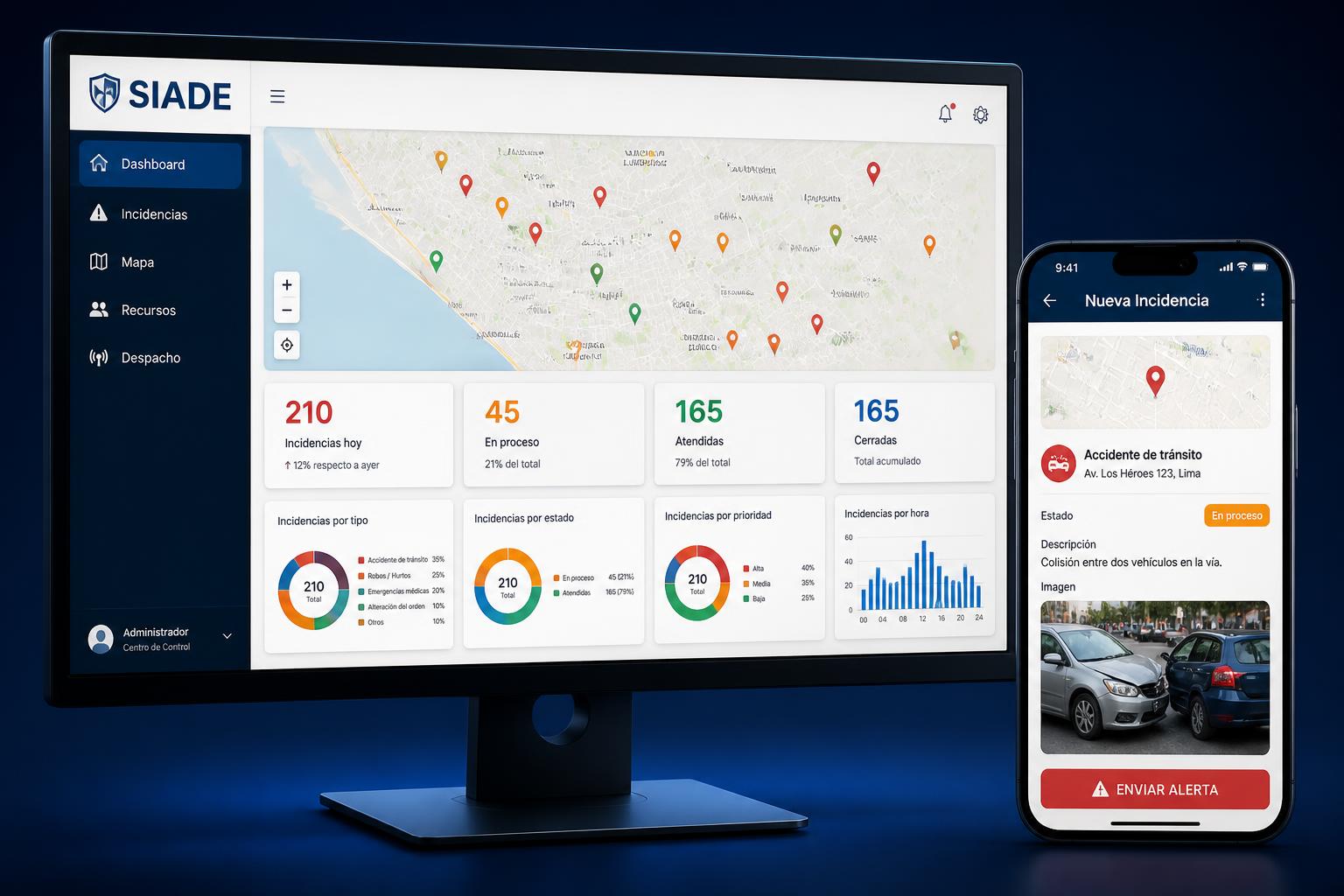 Plataforma SIADE mostrada en computadora y celular con alerta de incidente